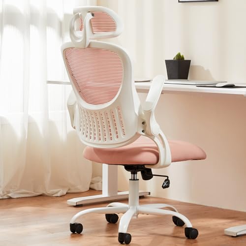 SMUG Office Computer Desk Chair, Ergonomic High-Back Mesh Rolling Work Task Chairs with Wheels and Adjustable Headrests, Comfortable Lumbar Support, Comfy Flip-up Arms for Home, Bedroom, Study, Pink - Pink - 26.7D x 26.7W x 53H in