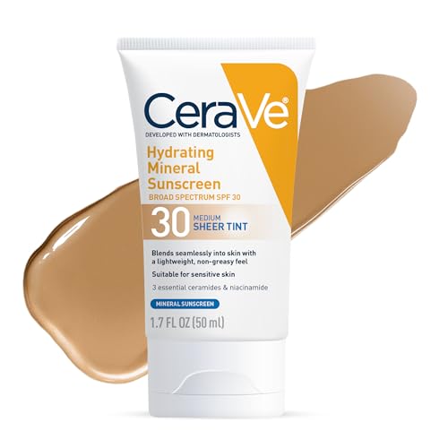 CeraVe Hydrating Mineral Sunscreen SPF 30 with Sheer Tint | Tinted Mineral Sunscreen with Zinc Oxide & Titanium Dioxide | Blends Seamlessly For Healthy Glow | Medium, 1.7 Fluid Ounce - SPF 30
