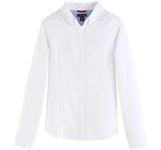 Tommy Hilfiger Long Sleeve Oxford Girls Buttondown Collar Blouse, Kids School Uniform Clothes - Big Girls - 16 - White