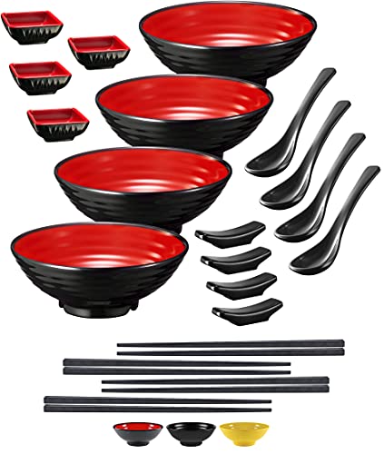 Practimondo 4 Noodle Bowls Set - large 32oz Ramen Bowl Set for authentic Asian Cuisine - with Dipping Bowls, Spoons, Chopsticks & Chopstick Stands. Enjoy Thai Miso Udon Wonton (4 Bowl Set, Red-Black) - 4 Bowl Set - Red & Black