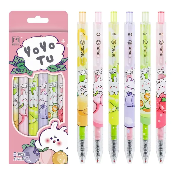 PINMU 6Pcs Pure Retractable Gel Ink Pens,blue Cartoon Kawaii School Pens,Fun Pens for Children, Girls, Boys Black Ink 6 Count Pack of 1 (B)