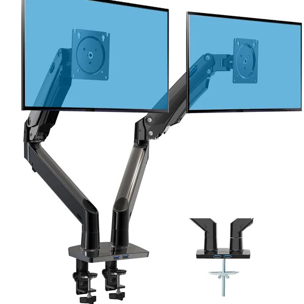 HUANUO Dual Monitor Stand for 15-35 inch Ultrawide Screens, Gas Spring Dual Monitor Arm Desk Mount with USB Port, Adjustable Dual Monitor Mount with 2 Long Arms Hold up to 12KG