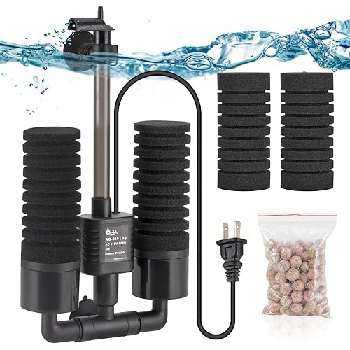AQQA Aquarium Electric Power Sponge Filter,3W/5W Silence Submersible Foam Filter,Sponges Bio Ceramic Media Balls Double Filter for Saltwater Freshwater Fish Tank (S (3W for 10-40 Gallon) - S (3W for 10-40 gallon）