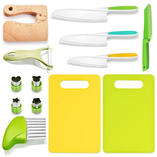Kid Safe Knives, 13 Pieces Kids Knifes for Real Cooking Toddler Knife Set Include 4 Toddler Knives with Serrated Edges, Cutting Boards, Crinkle Cutter, Peeler and Wooden Safe Knife - 13 Pieces