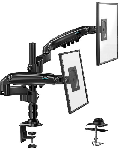 HUANUO Dual Monitor Stand - Height Adjustable Gas Spring Double Arm Monitor Mount Desk Stand Fit Two 17 to 32 inch Screens with Clamp, Grommet Mounting Base, Each Arm Hold up to 19.8lbs - 