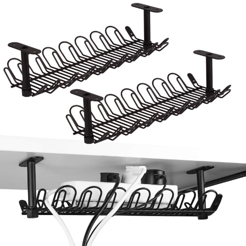 2 Packs Cable Management Tray, 14.4" Under Desk Cord Organizer for Wire Management, Heavy Metal Wire Cable Tray for Desks, Offices, and Kitchens (Black) - Black