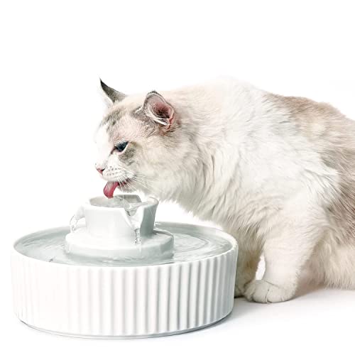 Cepheus Ceramic Pet Drinking Fountain, Ultra Quiet Cat Water Fountain, 2.1L Drinking Fountains Bowl for Cat and Dogs with Replacement Carbon Filters and Foam(White) - White