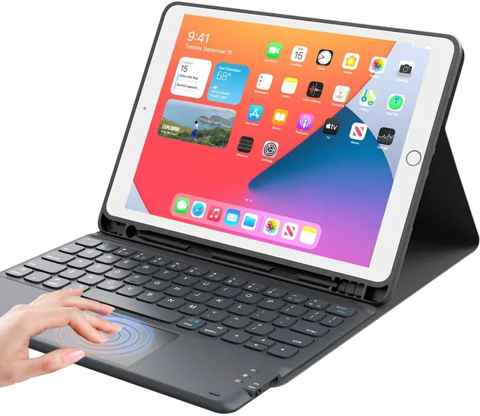 iPad Keyboard 9th Generation, Keyboard for iPad 8th Generation/7th Gen 10.2 inch, Smart Trackpad, Detachable Wireless with Pencil Holder, Flip Stand Keyboard Case for iPad 9th/8th/7th Gen 10.2", Black - Touch-10.2"/10.5" Black