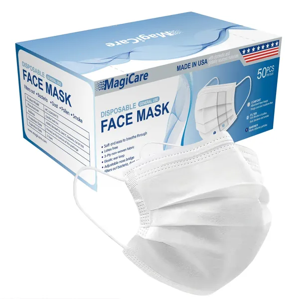 MagiCare Made in USA Masks - White Face Masks Disposable - Premium 3 Ply Face Mask for Adults - Comfortable, Soft, Breathable - White Face Masks Disposable Made in USA - 50ct Box