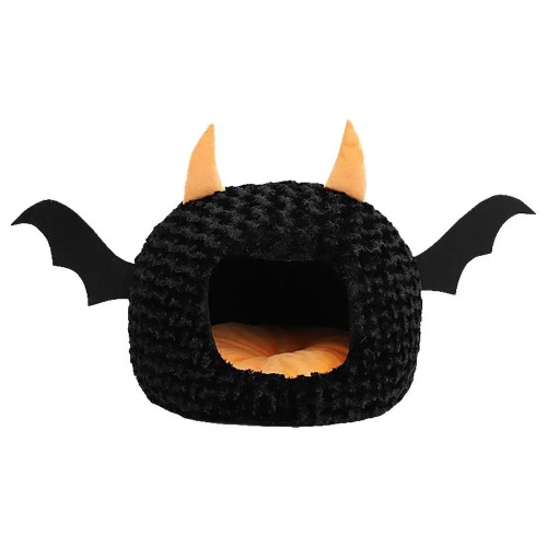 Black Cat Bat Plush House Bed - Black