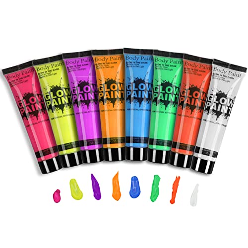 GARYOB UV Blacklight Face Body Paint Glow in the Dark Neon Fluorescent 0.85oz Set of 8 Bright Colors, Halloween Washable Body Paint for Kids Adult1 - 8 Tubes/25ml (0.85fl oz)