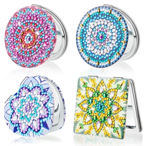 Marsui 4 Pcs Diamond Painting Compact Mirror DIY Pocket Mirror with Diamond Art Cover Portable Magnifying Folding Purse Mirror Diamond Art Kits for Women Girls Kids(Lovely) - Lovely