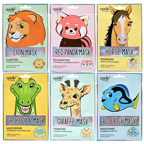 Epielle Character Sheet Masks | Animal Spa Mask Korean Beauty Mask -For All Skin Types, Birthday Party Gift for kids, Girls Night, Spa Day, Spa Night, Thanksgiving Gift, Stocking Stuffer (6 packs) - Assorted Collection 4