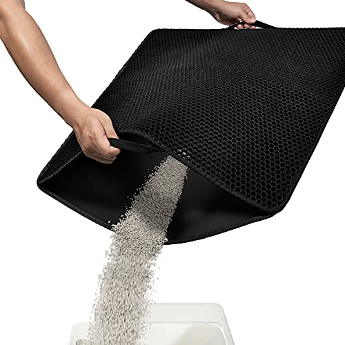 Conlun Cat Litter Mat Kitty Litter Trapping Mat 31” x26” Honeycomb Double Layer, Urine Waterproof, Easier to Clean, Litter Box Mat Scatter Control, Less Waste, Soft on Paws, Non-Slip - Black