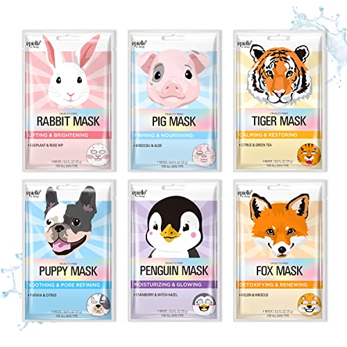Epielle Character Sheet Masks | Animal Spa Korean Beauty Masks - For All Skin Types, (Pack of 6) | Birthday, Girls Night, Thanksgiving Gift - Assorted Collection 3