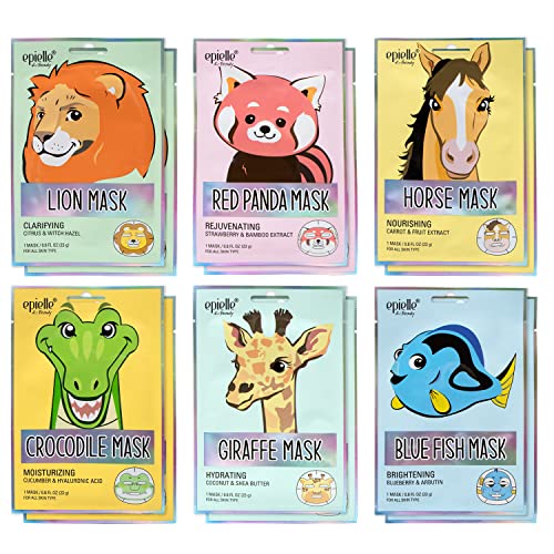 Epielle Character Masks | Animal Spa Mask -For All Skin Types | Spa gifts for women, Birthday Party Gift for kids, Girls Night, Skincare Party, Thanksgiving Gifts, Stocking Stuffers (12 packs) - Assorted Collection 4 - 12pk