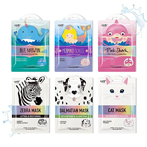 Epielle Character Sheet Masks Animal | Korean Beauty Mask -For All Skin Types, (Assorted 6 pk) | Birthday Party Gift for kids, Girls Night, Skincare Party, Thanksgiving Gifts, Stocking Stuffers - Assorted Characters