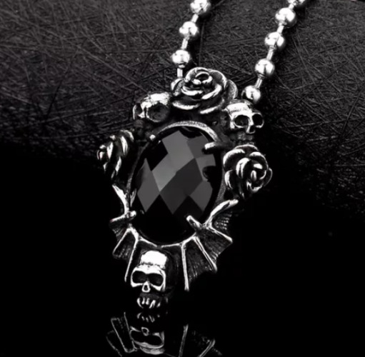 Goth 'Black Dahlia'  Black Skull Rose Necklace
