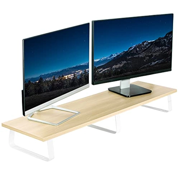 VIVO 39 inch Extra Long Monitor Stand, Wood and Steel Desktop Riser, Dual Screen, TV, Keyboard, Laptop, Ergonomic Desk and Tabletop Organizer, Light Wood, STAND-V000WL
