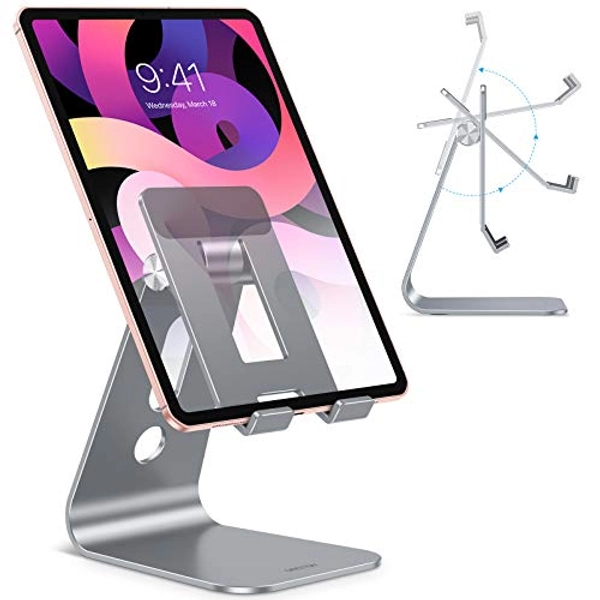 OMOTON Adjustable Tablet Stand for Desk, Upgraded Longer Arms for Greater Stability, T2 Tablet Holder with Hollow Design for Bigger Sized Phones and Tablets Such as iPad Pro/Air/Mini, Grey