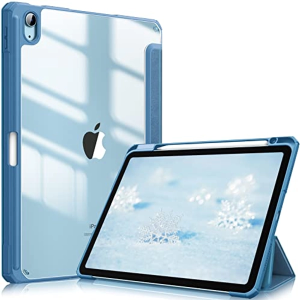 Fintie Hybrid Slim Case for iPad Air 5th Generation (2022) / iPad Air 4th Generation (2020) 10.9 Inch - [Built-in Pencil Holder] Shockproof Cover with Clear Transparent Back Shell, Ocean Blue