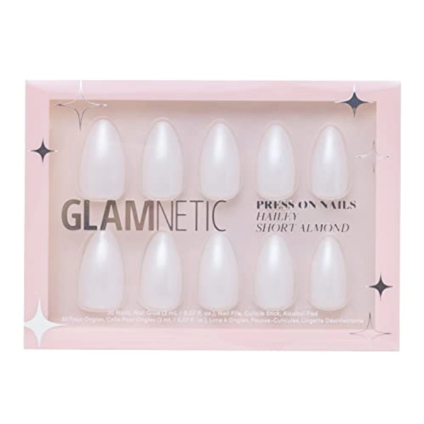 Glamnetic Press On Nails - Hailey | Glossy, Semi-Transparent, Short Almond Nails, Reusable | 15 Sizes - 30 Nail Kit with Glue