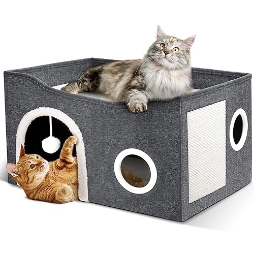 Heeyoo Cat House for Indoor Cats - Large Cat Bed Cave with Fluffy Ball and Scratch Pad, Foldable Cat Houses & Condos, Cat Hideaway, Covered Cat Bed for Multi Small Large Kitty, 23.8x15.9x13.2 Inches - Charcoal Grey - Without heat pad