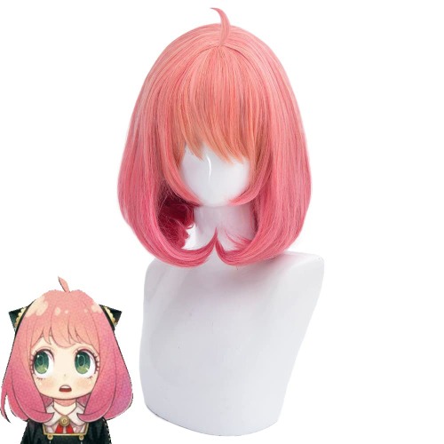 Shqncoh Anime Spy Anya Forger Subject 007 Cosplay Wig Pink Gradient Short Curly Party Hair Halloween Accessory