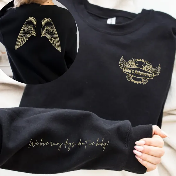 Ravenhood Series Inspired Sweatshirt- King Automotive Logo, Ravenhood Wing Tattoo, Rainy Days Quote - Cozy Bookish Knit