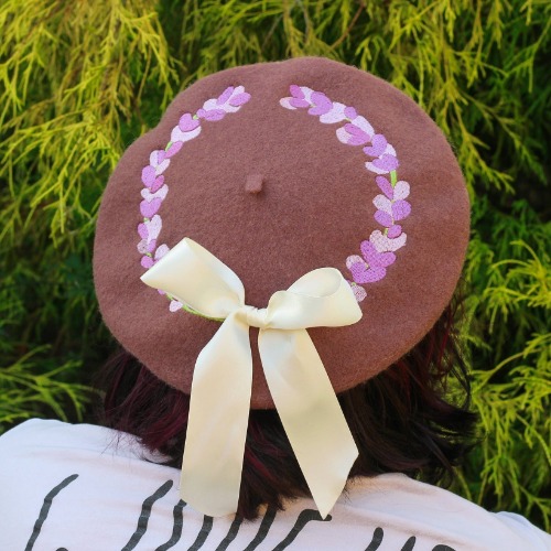 Lavender Sprigs Embroidered Beret! - Add combs / French Roast