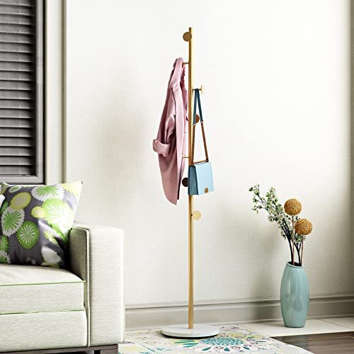 DOORXIFO Gold Coat Racks, Metal Coat Rack Freestanding with Hooks, Entryway Coat Rack Stand, Coat Racks with Marble Base, Coat Tree for Hanging Clothes, Hats, Bags - Gold-white - Round