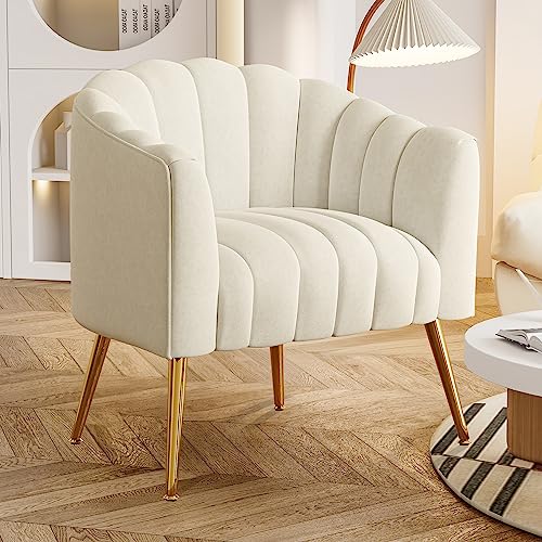 Dewhut Oversized Pumpkin Couch Accent Chair, Modern Comfy Velvet Upholstered Barrel Chairs, Luxury Single Sofa Armchair for Living Room, Waiting Room, Office and Vanity, (Beige) - Beige