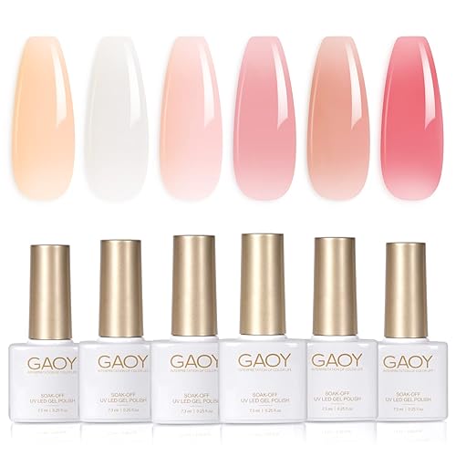 GAOY Milky White x Jelly Nude Gel Nail Polish Set, 6 Transparent Colors Sheer Pink Orange Gel Nail Kit for Salon Gel Manicure and Nail Art DIY at Home - Milky White x Jelly Nude