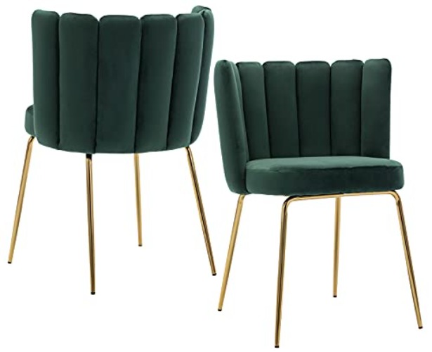 ZHENGHAO Velvet Dining Chairs Set of 2- Mid Century Modern Upholstered Side Chairs with Gold Legs, Comfy Curved Back Accent Chairs with Arms for Home/Kitchen/Living Room/Bedroom, Dark Green - Green - Dining chairs Set of 2