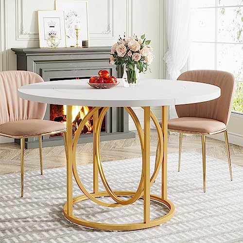 Tribesigns Modern Round Dining Table for 4-6, 47 Inches White Kitchen Table with Gold Base, Wood Dinner Table Coffee Table for Home Dining Room, Kitchen, Living Room, Apartment, Cafe’