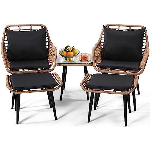 KROFEM Outdoor Wicker Chairs and Table Bistro Conversation Furniture Set, 5 Pieces with Ottoman for Porch, Balcony, Deck, Patio, Backyard, Natural Color - Natural