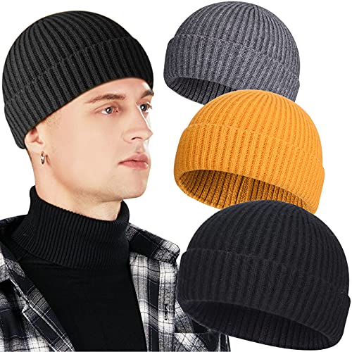 3 Pack Wool Fisherman Beanies for Men, Short Knit Watch Cap Cuffed Trawler Hats - #A-black, Gray, Yellow