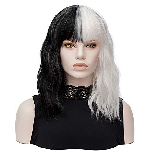 QACCF Short Wavy Shoulder Length Women Full Bang Heat Resistant Wig (Black and White) - Black and White