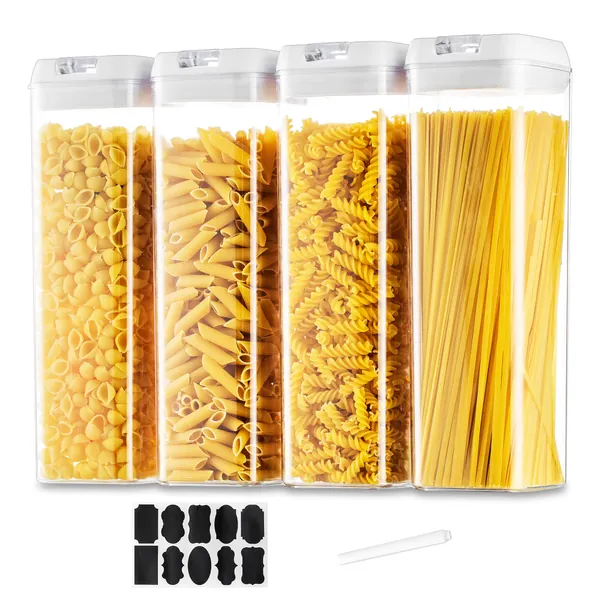Pasta Food Storage Containers Kitchen: 4Pcs Airtight Cereal Storage Jars Large Plastic Spaghetti Boxes Set with White Easy Lock Lids Stackable Clear Flour Rice Canisters Bpa Free Pantry Organiser