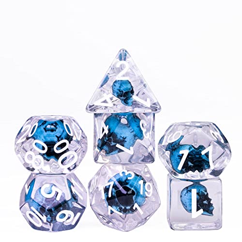 cusdie 7PCS Polyhedral DND Dice, D&D Dice, Skull Dice Set for Dungeons and Dragons RPG MTG Table Games(Blue Skull w/White Numbers) - Blue Skull W/White Numbers