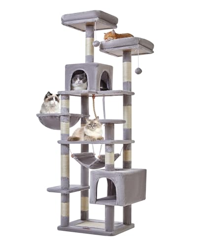 Taoqimiao Cat Tree, 71-Inch Cat Tree Cat Tower for Indoor Cats, Plush Multi-Level Cat Condo with 10 Scratching Posts, 2 Perches,Basket, 2 Caves,Hammock, 2 Pompoms,MS020W Light Gray - XXL (31 x17x71.7 Inches) - Light Gray