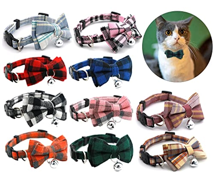 Flymind 10 Pieces Cat Collar Breakaway with Bow Tie and Bell, Cat Bow Tie Collars, Adjustable Cute Plaid Kitty Safety Collars for Kittens Or Certain Puppies