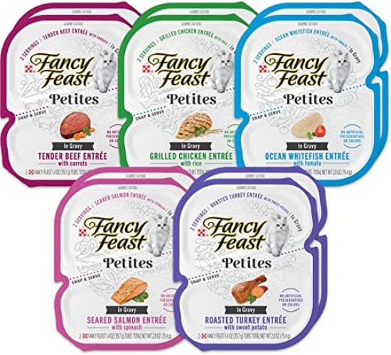 Fancy Feast Petites in Gravy Wet Cat Food Variety 5 Flavor Pack / 20 Servings/Beef, Chicken, Ocean Whitefish & Tuna, Salmon and Turkey