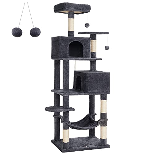 Feandrea Cat Tree, 75.2-Inch Cat Tower for Indoor Cats, Plush Multi-Level Cat Condo with 5 Scratching Posts, 2 Perches, 2 Caves, Hammock, 2 Pompoms, Smoky Gray UPCT191G01 - XXL (23.6 x 19.3 x 75.2 Inches) - Smoky Gray