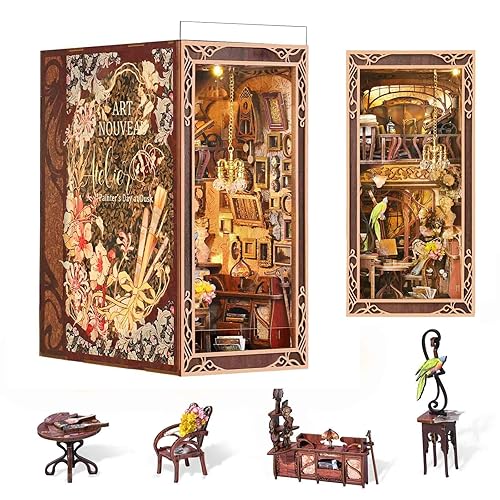 MiniCity Book Nook Kit, DIY Miniature Dollhouse Booknook Kit, 3D Wooden Puzzle Bookend Bookshelf Insert Decor with LED Light for Teens and Adults, Painter's Day at Dusk - Painter's Day at Dusk