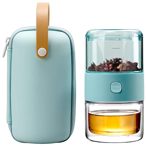 ZENS Modern Small Travel Glass Tea Infuser Teapot, 3-in-1 Smart One Touch Tea Maker for Loose Leaf Tea Steeper, Solo Simple Gong Fu Tea Strainer with Insulated Tea Cup for Hot Tea Diffuser, Tea Gifts - 1-Mint Green