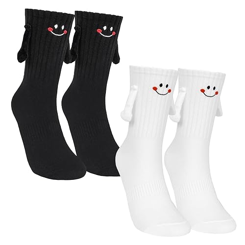 Bibalabili 2 Pairs Holding Hand Novelty Socks, Magnetic Doll Unisex Funny Couple Socks, Graduation 3D Cute Socks - Wb