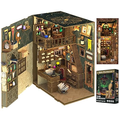 Cutefun Book Nook Kit,3D Wooden Puzzle Bookends,Miniature House Kit with Dust Cover,Bookends Kit with LED Lights,DIY Dollhouse Bookend Tiny House,Birthday/Easter Home Decor for Teens and Adults - Magic pharmacist