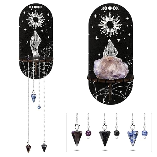 Qunclay Small Crystal Shelf Black Crystal Display Shelf Crystal Pendulum Holder Stand Display Shelf Witch Stuff Wooden Kit Hanging Rustic Crystal with 3 Pieces Crystals Stone (Moon Style) - Rustic, Bohemian