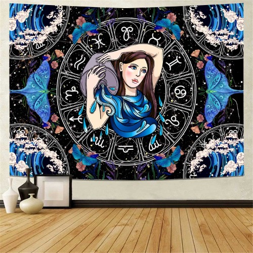 Aquarius Constellation Tapestry Boho Tapestry Wall Hanging with Butterfly Starry Sky Star Floral Plants Waves Aesthetic Wall Tapestries for Teen Girl Bedroom Dorm Living Room 59inx82.6in - Black - Aquarius